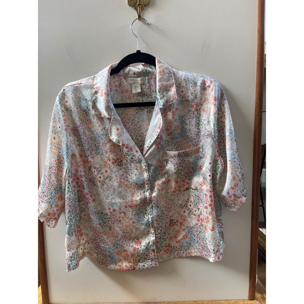 Cynthia Rowley Pajama Top Womens L Multicolor Floral Satin Button Up